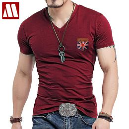 x201711 Mens Fashion UK Union Flag Leather Short Sleeve T-shirt Men Casual Slim Shirt V Neck Hommre mock pocket Tees shirts Big Size 5XL