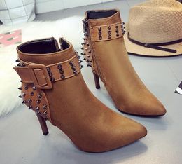 Luxury Designer Women Suede Ankle Boots pointed toes rivet stiletto heel Lady Martin Boots Simplicity Style Pumps party Wedding Shoes