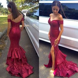 Stunning Sequins Burgundy Prom Dresses Mermaid Evening Gowns robe de soiree longue Off Shoulder Tiered Ruffles Party Dress High Thigh Slit