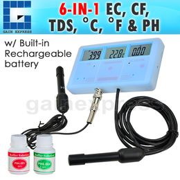 -PHT-026 Multi-Function 6-in-1 Water Quality Meter Tester EC CF TDS PH grau C e F + Built-in Rechargeable Battery