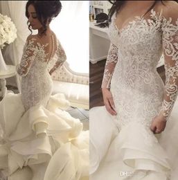 jewel applique sweep train tiered skirt sexy mermaid wedding dresses long sleeves custom made wedding gowns