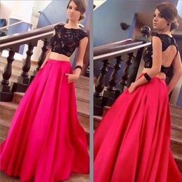 Popular Two Pieces Prom Dresses A Line Illusion Black Lace Crop Top Open Back Capped Fuchsia Red Skirt Satin Formal Gowns