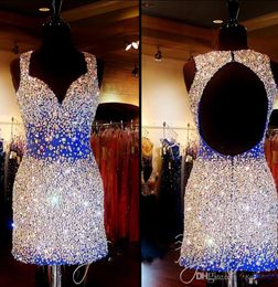 Shiny Crystal 2016 Short Prom Dresses Evening Wear 3 Colours Major Beading Backless Bling Bling Girl Prom Gowns Plus Size