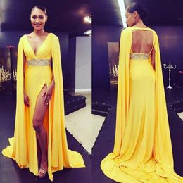 Sexy Deep V Neck Arabic Evening Dress Yellow Chiffon Sleeveless Open Back Cape Design Prom Party Gowns with Beaded Waist High Split