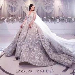 Luxury Charming Silver Wedding Dresses 2022 New Arrival Sheer Neck Plunging V Neck A Line Full Lace Appliques Long Sleeves Bridal Gowns