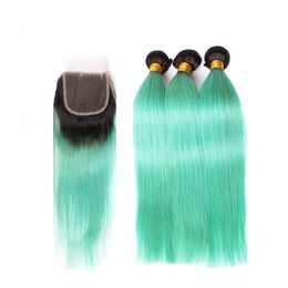 Green Ombre Hair Bundles With Lace Closure Two Tone 1b Green Straight Closure With Bundles Peruvian Virgin Hair Extensions 4Pcs/Lot