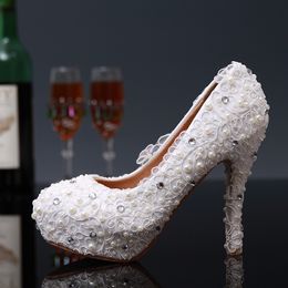 Luxury White Lace Flower Woman Party Purms Shoes High Heels Ladies Shoes Round Toe Pearl Bridal Wedding Dress Shoes