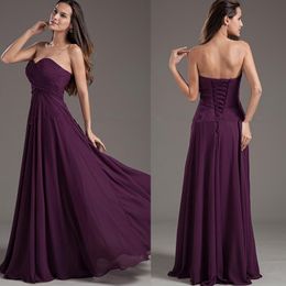 2016 Style Purple Empire Bridesmaid Dresses Sweetheart Lace up Back Floor Length Ruched Chiffon Long Prom Dresses Custom