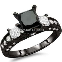 Size 5-11 Black Rhodium Wedding Ring Princess Cut CZ Engagement Propose Anniversary Cocktail