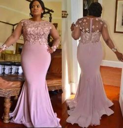 Charming Mermaid Plus Size Evening Dresses With Long Sleeves 3D Petal Appliqued Bateau Neck Prom Gowns Floor Length Beaded Formal Dress