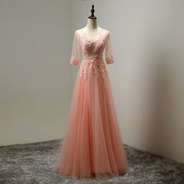 Blush Long Wedding guest dresses Tulle Bridesmaid Dresses Half Sleeves Lace-up Back Floor Length Party Gowns Cheap