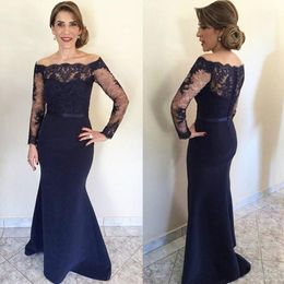 Elegant 2016 Navy Blue Lace Off Shoulder Long Sleeve Mermaid Mother Off Bride Dresses Modest Satin Trumpet Long Formal Gowns EN1304