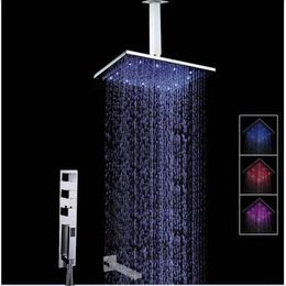 tub faucet valve Australia - LED Color Changing Ceiling Mounted Square Rain Shower Head Faucet Set 3 Thermostatic Valve Mixer Tap Hand Shower   Tub Spout