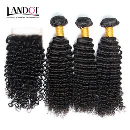 Russian Kinky Curly Virgin Hair With Closure 7A Grade Unprocessed Deep Curly Human Hair Weaves 3Bundles And 1Pcs Top Lace Closures Size 4x4"