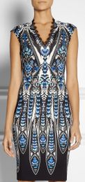 Luxury Print Women Slim Dress Fashion V-Neck Sleeveless Party Dresses 9697