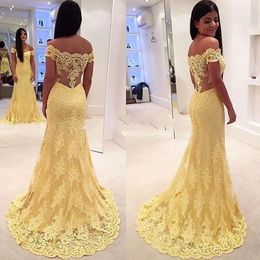 Fabulous 2016 Yellow Lace Off Shoulder Mermaid Evening Dresses Sexy Applique Illusion Back Long Party Gowns For Wedding Custom Made EN1159