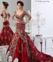 High Quality Arabic Dresses 2017 Red Long Sleeve Mermaid Evening Gowns With Golden Appliques Arabic Jajja Couture Dresses Sweep Train