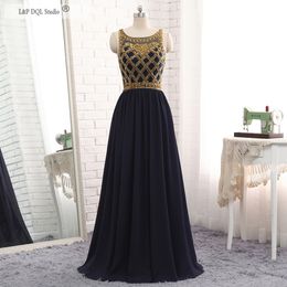 Eye Catching Evening Dresses Dark Navy Chiffon with gold Beads Sequins Illusion Sheer Side Zipper Sweep Train Pageant Gowns