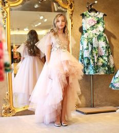 Pink High Low Little Girls Pageant Dresses 3D Appliqued A Line Tiered Flower Girl Dress Tulle Beaded First Communion Gowns