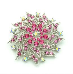 2.4 Inch Vintage Look Rhodium Silver Tone Hot Pink Rhinestone Crystal Flower Brooch