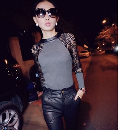 2014 New Arrival Sexy Black Lace Patchwork Knitted Sweater Pullover For Women O-Neck Shirts blouse Slim