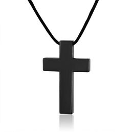 Stainless Steel Simple Plain Cross Pendant with Black Cord Gothic Unisex Jewellery Engraved High Polish Smooth Cross Necklace