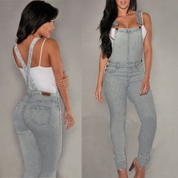 Wholesale- Women Denim Jeans Bib Pants Overalls Straps Jumpsuit Rompers Sexy Casual Spring Autumn Skinny Pockets Coverall Long