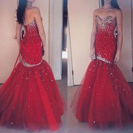 Shiny Red Tulle Mermaid Delicate Evening Dresses Cheap Sweetheart Backless Beaded Crystals Pleats Floor Length Ruffles Formal New Prom Gowns