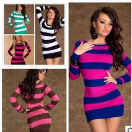 Striped long sleeve Polyester Fibre Sexy lingerie, free size Women long Sleeves Mini Dress, Club dress
