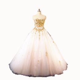 2017 Sexy Gold Appliques Ball Gown Quinceanera Dress with Crystal Tulle Lace Up Plus Size Sweet 16 Dress Vestido Debutante Gowns BQ92