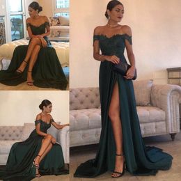 New 2018 Prom Dresses Off Shoulder Cheap Long Dark Green Satin Lace Appliques Side Split Cap Sleeves Party Dress Formal Evening Gowns