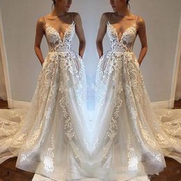 2018 Pallas Haute Lace Applique Sexy Country Wedding Dresses Modest Spaghetti Straps V Neck Backless Chapel Train Beach Boho Bridal Gowns