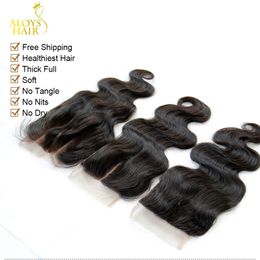 Бразильский волос шнурка Закрытие 4x4 Размер Бразильская Virgin Body Wave Human Hair Top Lace Затворы Pieces Free / Средний / Three Way Part Бесплатная доставка