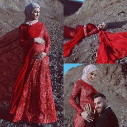 Elegante rote Meerjungfrau-Abschlussballkleider für schwangere Frauen Saudi-Arabien mit langen Ärmeln Applique Abendkleid nach Maß Abschlussball