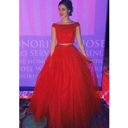 Red Shining Tulle Ball Gown Prom Dresses Princess Runway Crystal Two Pieces Dresses Evening Wear With Bateau Floor Length Formal Gowns