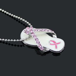 Breast Cancer Awareness Pink Ribbon Jewellery Necklace, Pink Ribbon Flip Flop Pendant Necklace