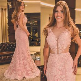 Pink Lace Illusion Evening Dresses Lace Appliques Beads Mermaid Evening Gowns Sheer Back Trumpet Prom Party Gowns