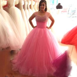 Stunning Pink Wedding Dresses Puffy Ball Gown Small Crystals Beading Top Corset Lace-up Back Soft Tulle Colourful Bridal Gowns Prom Party