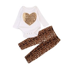 Newborn Baby Girl Clothes Cotton Long Sleeve Sequins Heart Romper Tops + Leopard Pants Leggings 2PCS Girls Outfits Toddler Kids Clothing Set