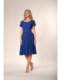 Royal Blue Short Modest Casual Bridesmaid Dresses Wiyh Flutter Sleeves Chiffon Knee Length LDS Bridesmaid Gowns With Removable Tie Sash