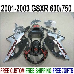 Perfect fit for SUZUKI GSXR600 GSXR750 2001-2003 plastic fairings set K1 01 02 03 GSX-R 600 750 silver black fairing kit XA89