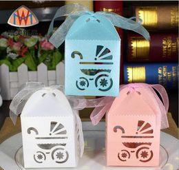 100pcs Laser Cut Hollow Baby stroller Ribbon Wedding Party Baby Shower Favour Gift Ribbon Candy Box Boxes