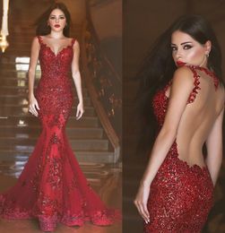 2016 New Arabic Lace Sequins Mermaid Evening Dresses Sheer Backless Long Slim Fitted Prom Gowns Formal Evening Gowns Vestidos Custom Made