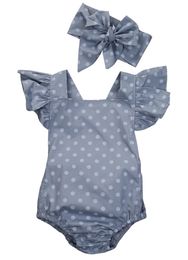 Baby Kids Girls Dot Butterfly Sleeve Romper Jumpsuit cotton+ Headband 2Pcs Outfit Infant Kids Clothing Toddler Romper