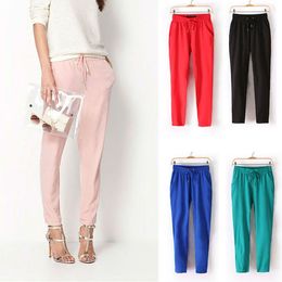 2015 Hot Sale Free shopping Brand Casual Women Pants Solid Colour Drawstring Elastic Waist Comfy Full Length Chiffon Harem