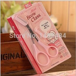 Wholesale-Wholesale price Fast delivery by courier 50pcs Women Pink Colour Eyebrows Scissors Eyebrow Trimmer with Combs