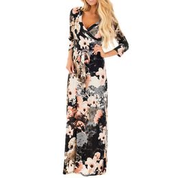 Preself 2017 Women Dress Autumn Sexy V Neck Floral Wraps 3/4 Sleeve Long Maxi Dress With Belt q171118