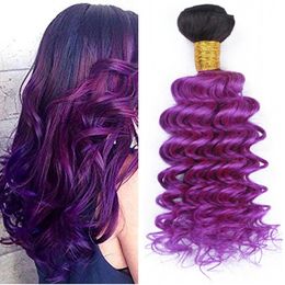 Deep Wave Brazilian Purple Ombre Virgin Human Hair Bundles 3Pcs Dark Root 1B/Purple Two Tone Ombre Human Hair Weaves Extensions 10-30"