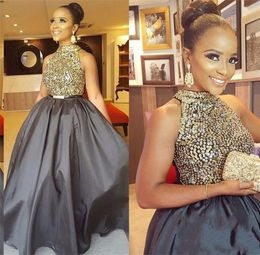 New Grey Long Prom Dresses High Neck Sequined Beaded A Line Taffeta African Black Girl Evening Party Formal Dress Groom Mother's Wear 220