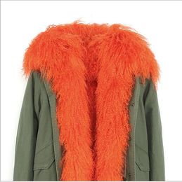 snow warm coats Jazzevar orange Mongolia sheep fur liner army green canvas mini jackets snow winter short parka with fur trim
